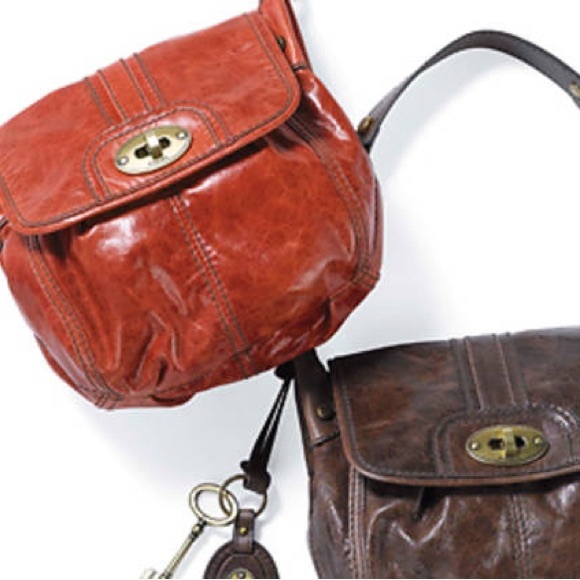 Fossil Maddox Brown Distressed Leather Long Live Vintage Chain Strap Baguette - Picture 2 of 16